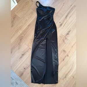 Sleek Black Satin Dress with Side Slit